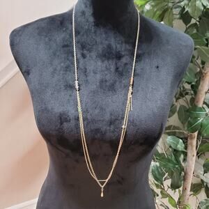 Womens Gold Tone Long Chains Layered Charm Pendant Necklace
